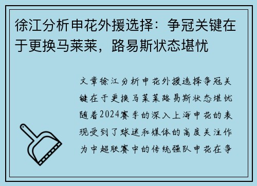 徐江分析申花外援选择：争冠关键在于更换马莱莱，路易斯状态堪忧